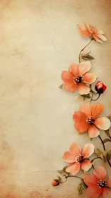 Soft coral blossoms curling along warm vintage paper.