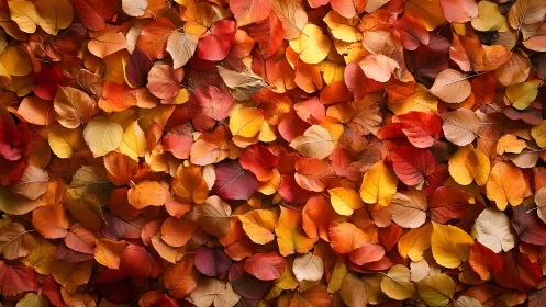 Dense carpet of overlapping colorful autumn leaves.