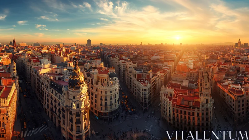 Sunset crown over grand boulevards in glowing cityscape.