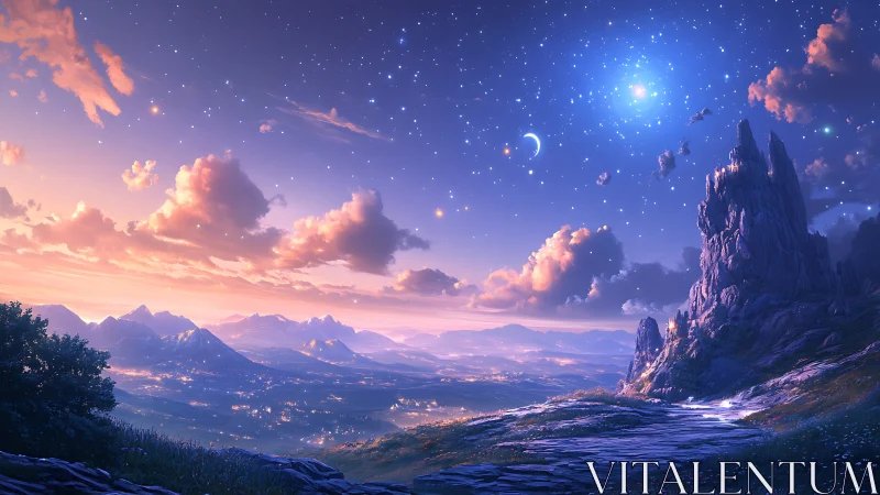 Twilight valley under dual light sources and star-dense sky