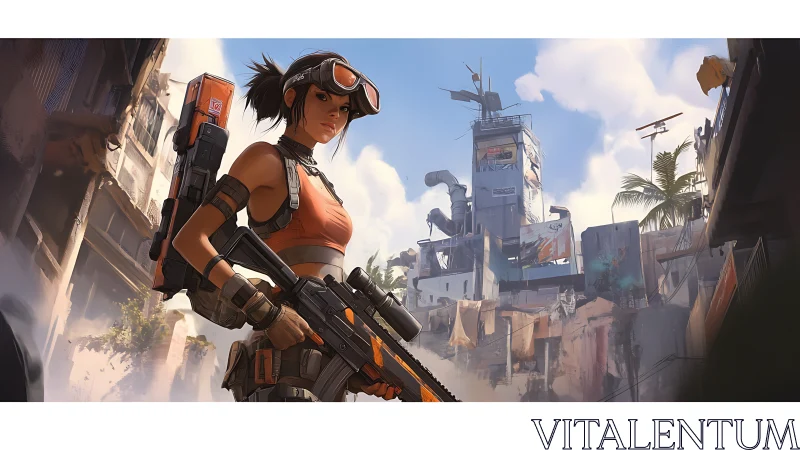 Armed female scout stands in futuristic slum environment