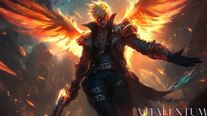 Fiery winged warrior descends over a burning dystopian cityscape.