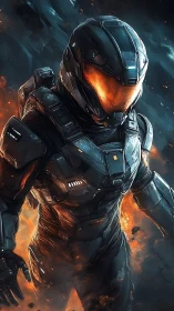 Armored sci fi soldier in flames and fragmented environment.