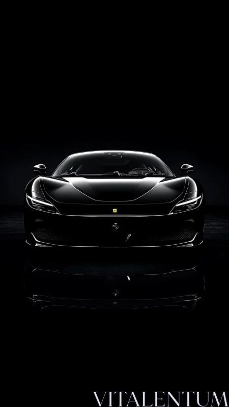 Front view of black sports coupe in low key lighting.