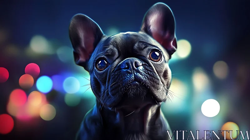 French bulldog portrait with neon bokeh background.