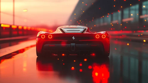Crimson hypercar rear view in cinematic wet track glow.