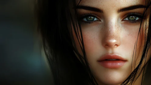 Intense freckled portrait with luminous green eyes in focus.