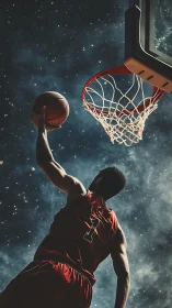 Cosmic slam dunk moment under glowing arena backboard.