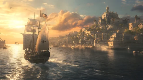 Sunlit galleon approaches terraced coastal citadel at dusk.