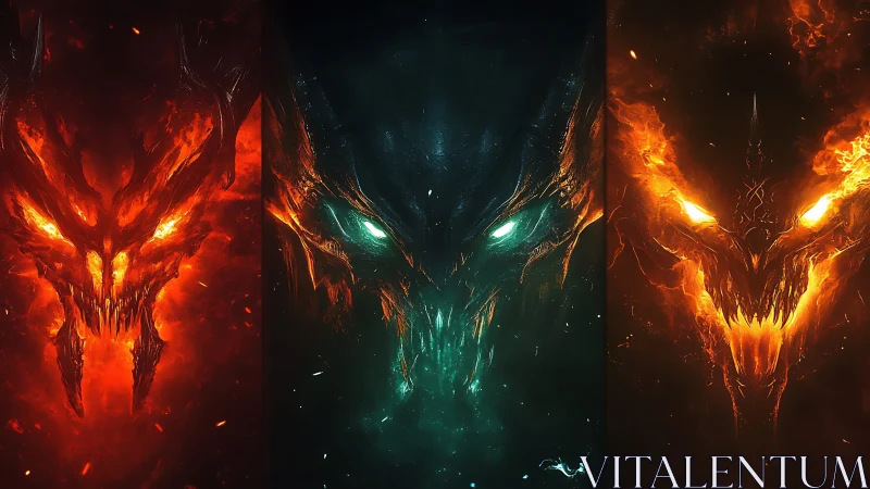 Infernal triple visage blazing through abyssal flame.