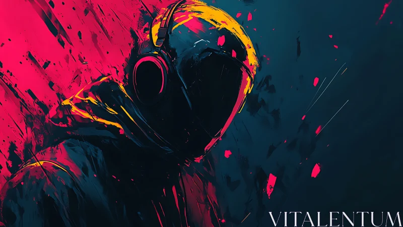 Abstract neon helmeted figure rendered with dynamic brush strokes