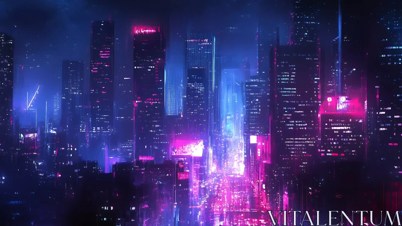 Neon saturated cyberpunk megacity skyline with rainy haze