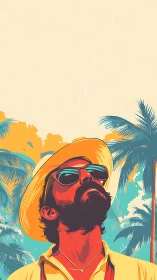 Sunlit bearded traveler gazes upward amid tropical palms