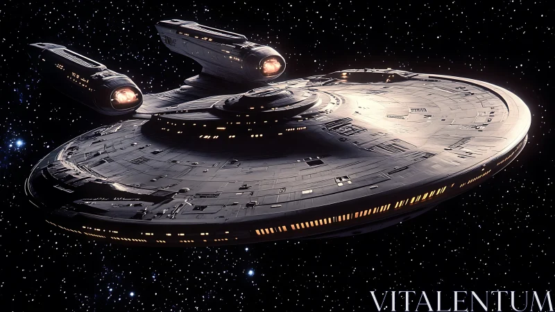 Massive starship cruiser gliding through deep space.