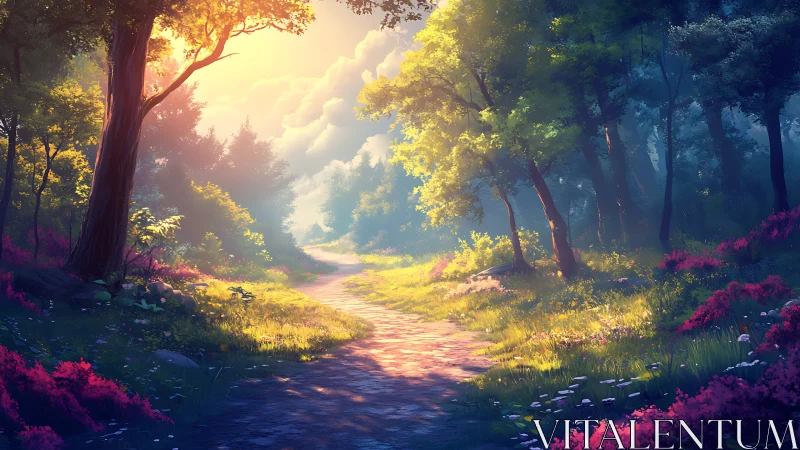 Forest path illuminated by atmospheric golden sunlight through canopy