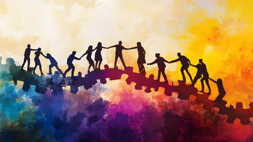 Linked silhouettes crossing colorful abstract bridge of unity.