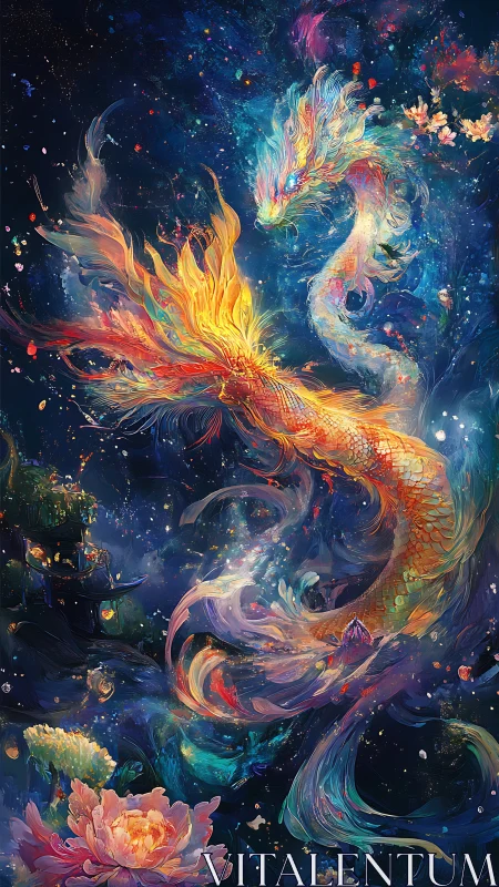 Serpentine dragon entity in luminous cosmic floral scene.