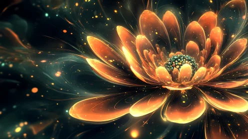 Glowing orange fractal flower with swirling light trails.