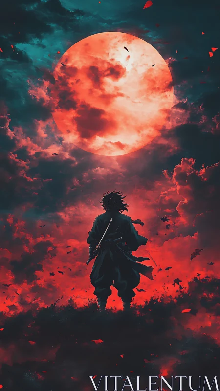 Samurai silhouette confronts a blood-red moon in stormy sky.