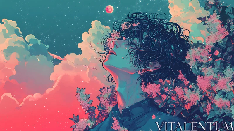 Dreamer merges with neon cosmos and blooming garden.