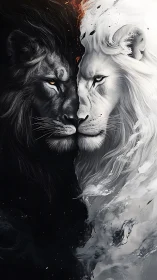 Twin spirit lions meet in a powerful dance of light and dark