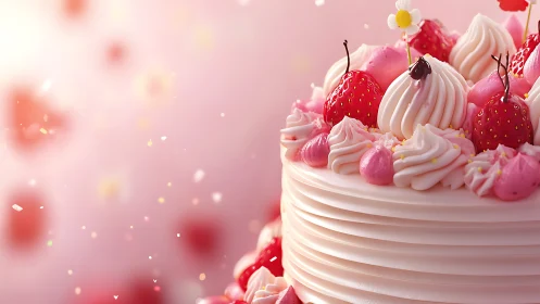 Strawberry Cream Cake. Whipped frosting, fresh berries, bokeh background.