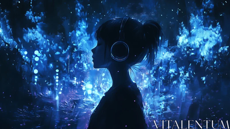 Side-profile listener immersed in abstract blue audio field