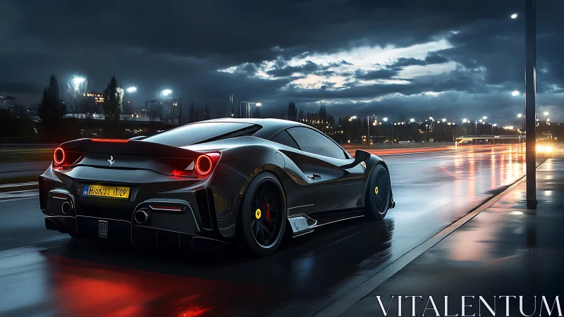 Black supercar racing along wet city highway at dusk.