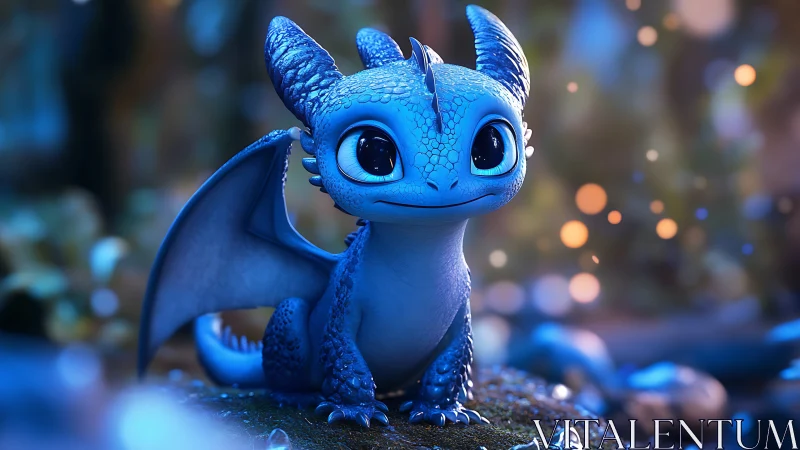 Cute blue baby dragon rendered in glowing forest light.