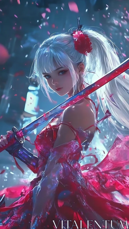 Silver haired anime swordswoman in red dress at night.