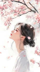 Profile portrait under soft blooming cherry branches.