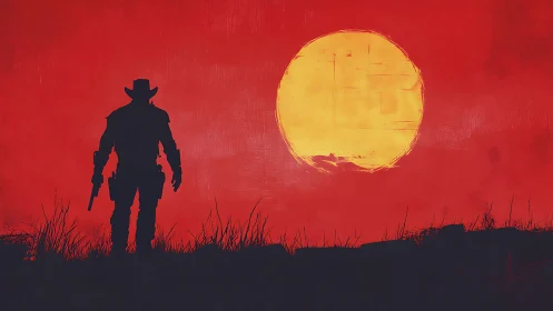 Gun-slinging cowboy silhouette confronts oversized sunset disc