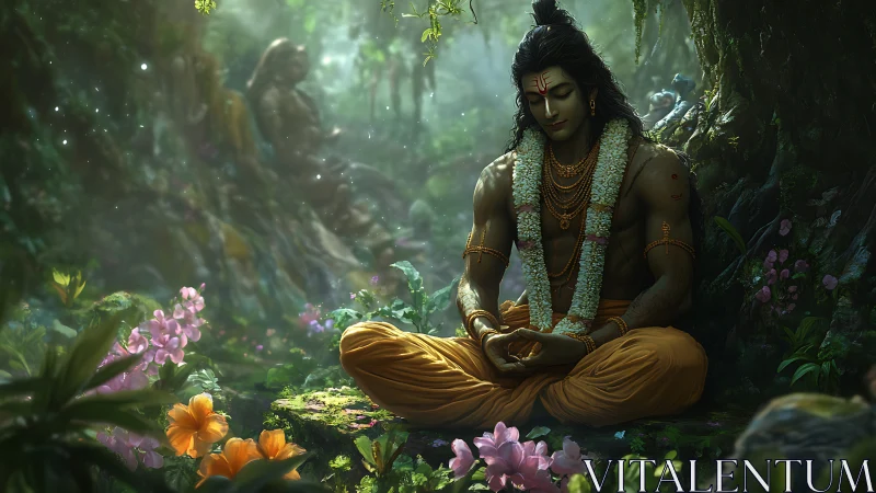 Forest silence gathers as divine yogi blooms in light