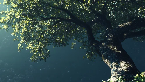 Majestic Tree Canopy Viewed from Below in Sunlit Forest Scene.