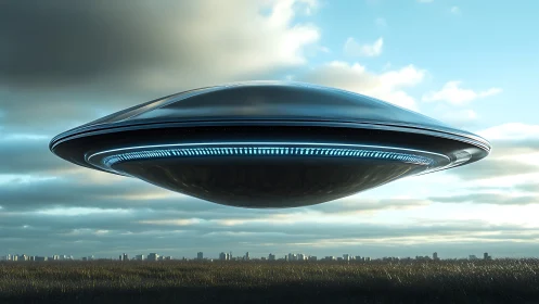 Metallic disc-shaped craft hovering above open grassland.