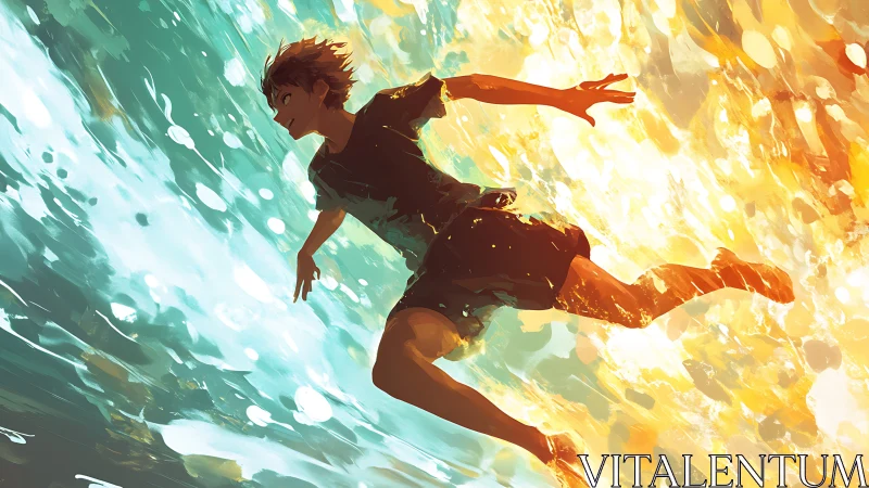 Teen runner bursts through teal and golden abstract waves
