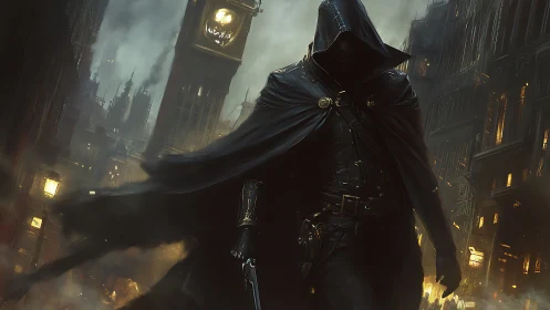 Hooded vigilante walking through smoky city streets.