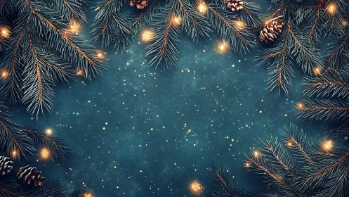 Christmas fir branches framing blue festive background.