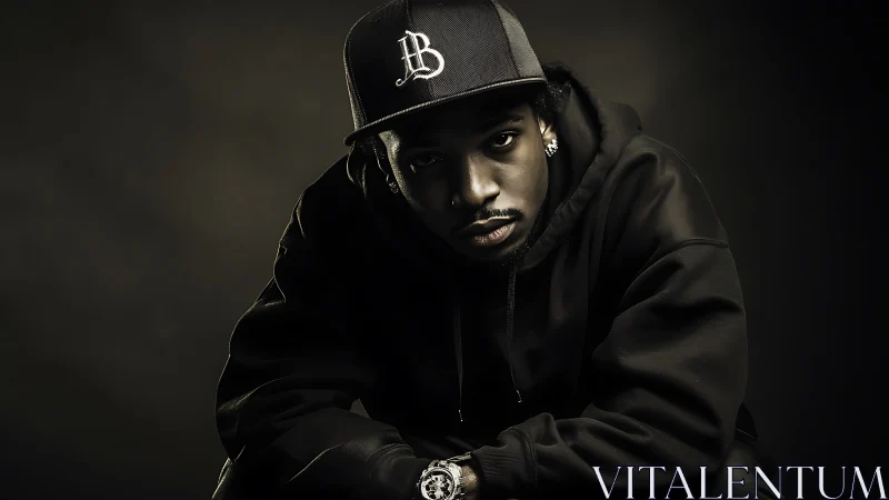 Studio portrait shows man in dark hoodie and cap sitting forward