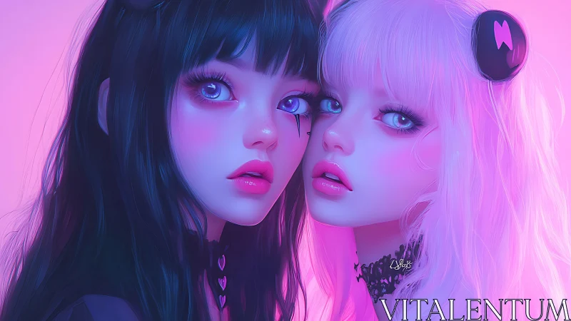 Bicolor pastel goth girls in neon magenta rim lighting portrait