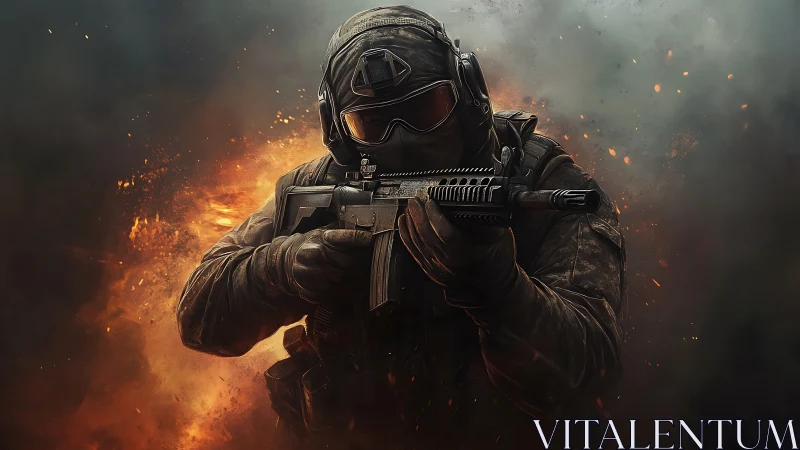 Focused tactical soldier framed by blazing battle light.