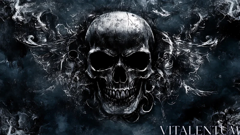 Central human skull rendered in monochrome digital abstraction