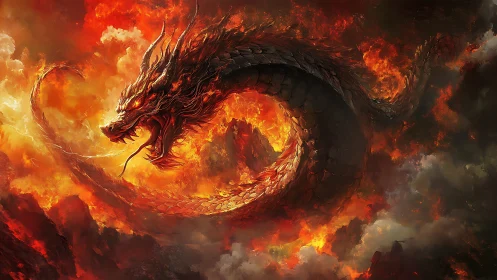 Fiery serpent dragon coils through a blazing volcanic sky.