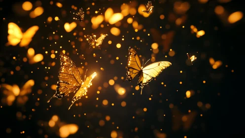 Golden butterflies glowing in a magical, dreamy night scene.