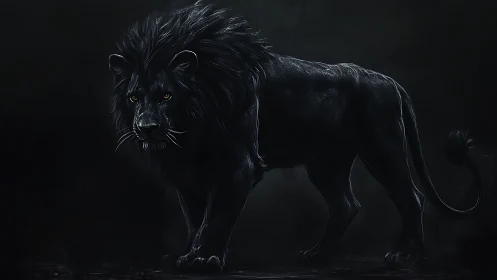 Black lion rendered in high contrast against dark background