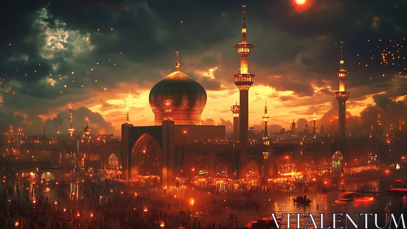 Luminous domed mosque complex glows under dense ember-lit twilight