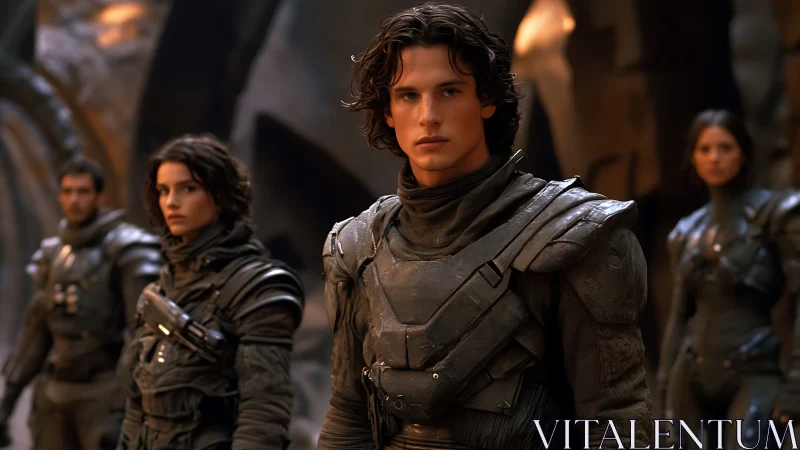 Young sci fi warriors in armored suits on rocky world.