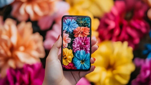 Hand holding smartphone displaying colorful flower arrangement.