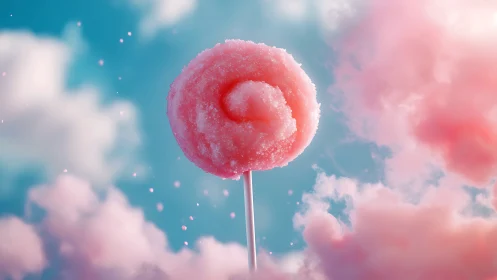 Dreamy Pink Lollipop Floating Among Soft Clouds.