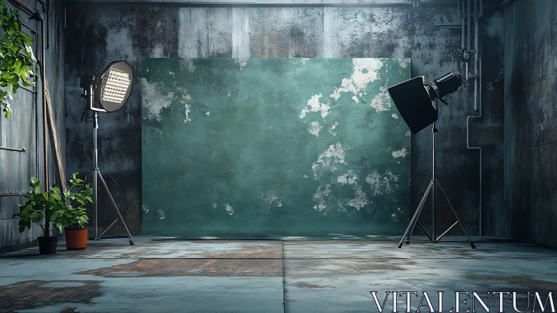 Moody warehouse studio with peeling teal backdrop and lightplay.